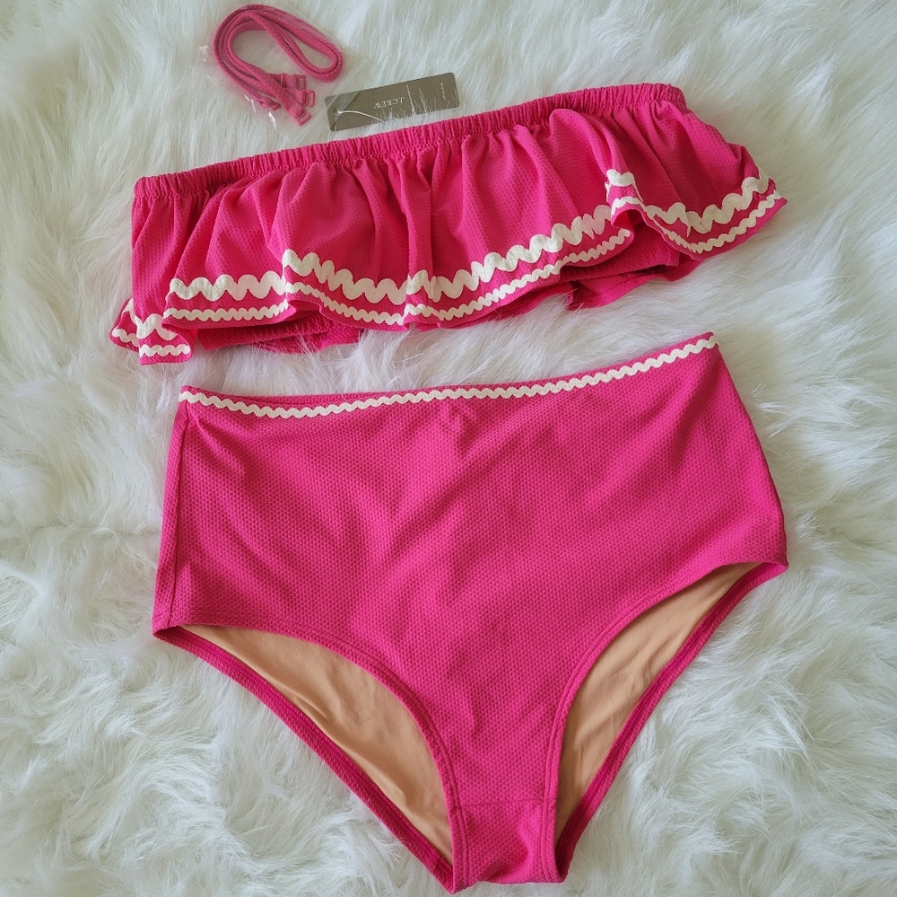 J. Crew Fiesta Ruffle High Waist 2 Piece Bikini Set S NWT Barbie Pink & White - Picture 1 of 14